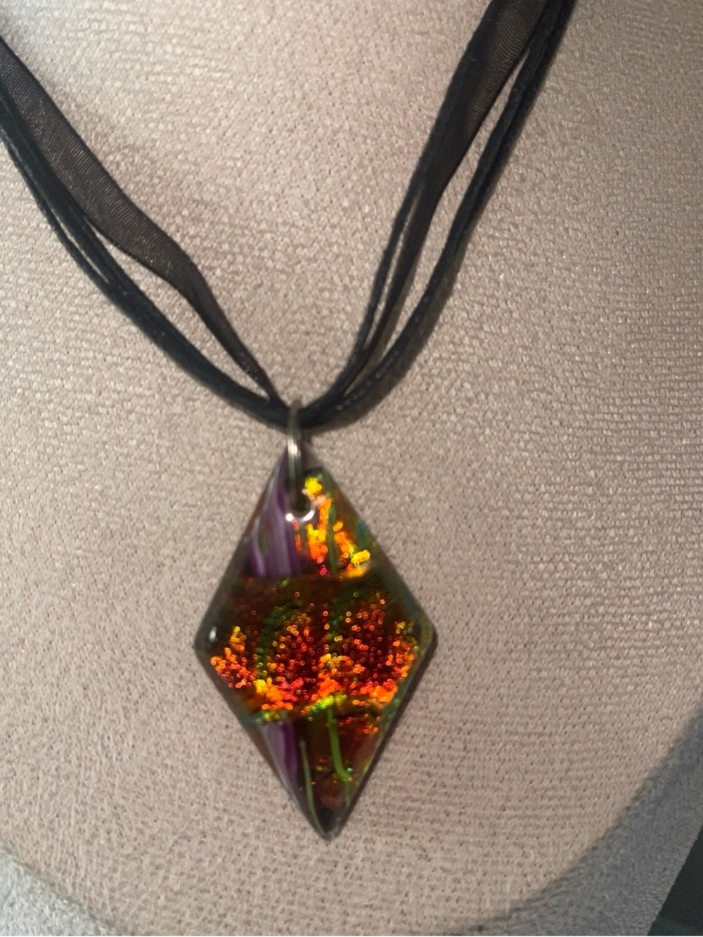 Handmade Black Cord Necklace with Orange-Dominant Dichroic acrylic Pendant